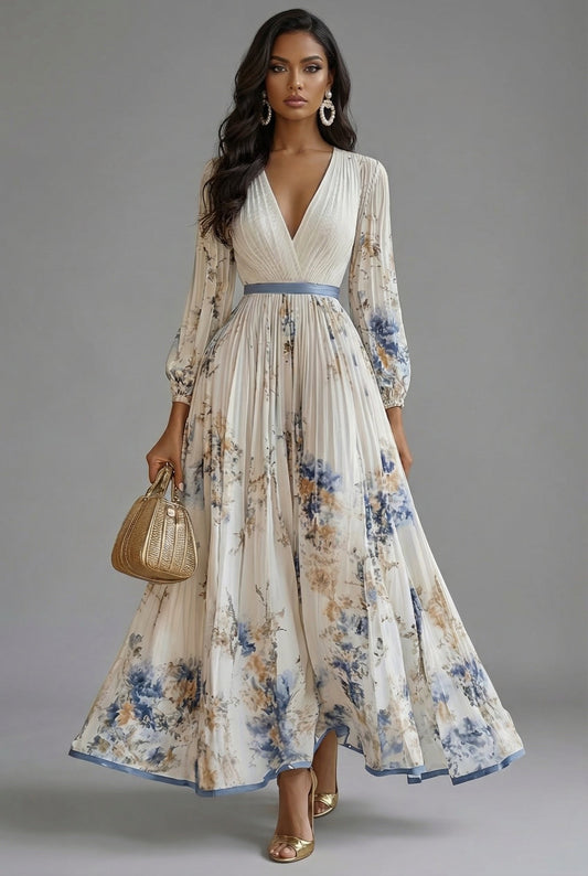 Women's Maxi Dress | Deep V-Neck Pleated Design