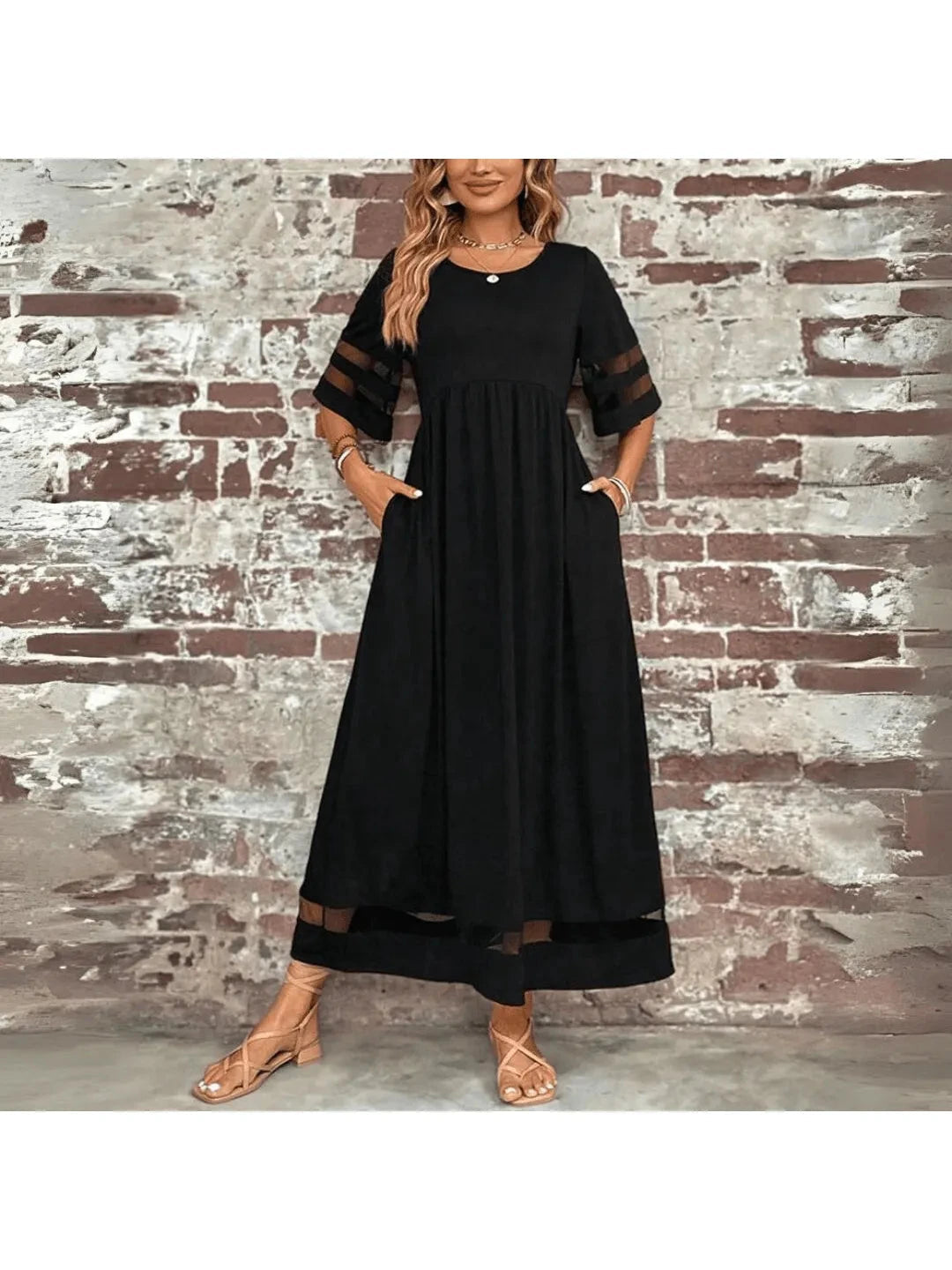 Women's Maxi Dress | Empire Waist & Mesh Panel Relaxed Everyday Style
