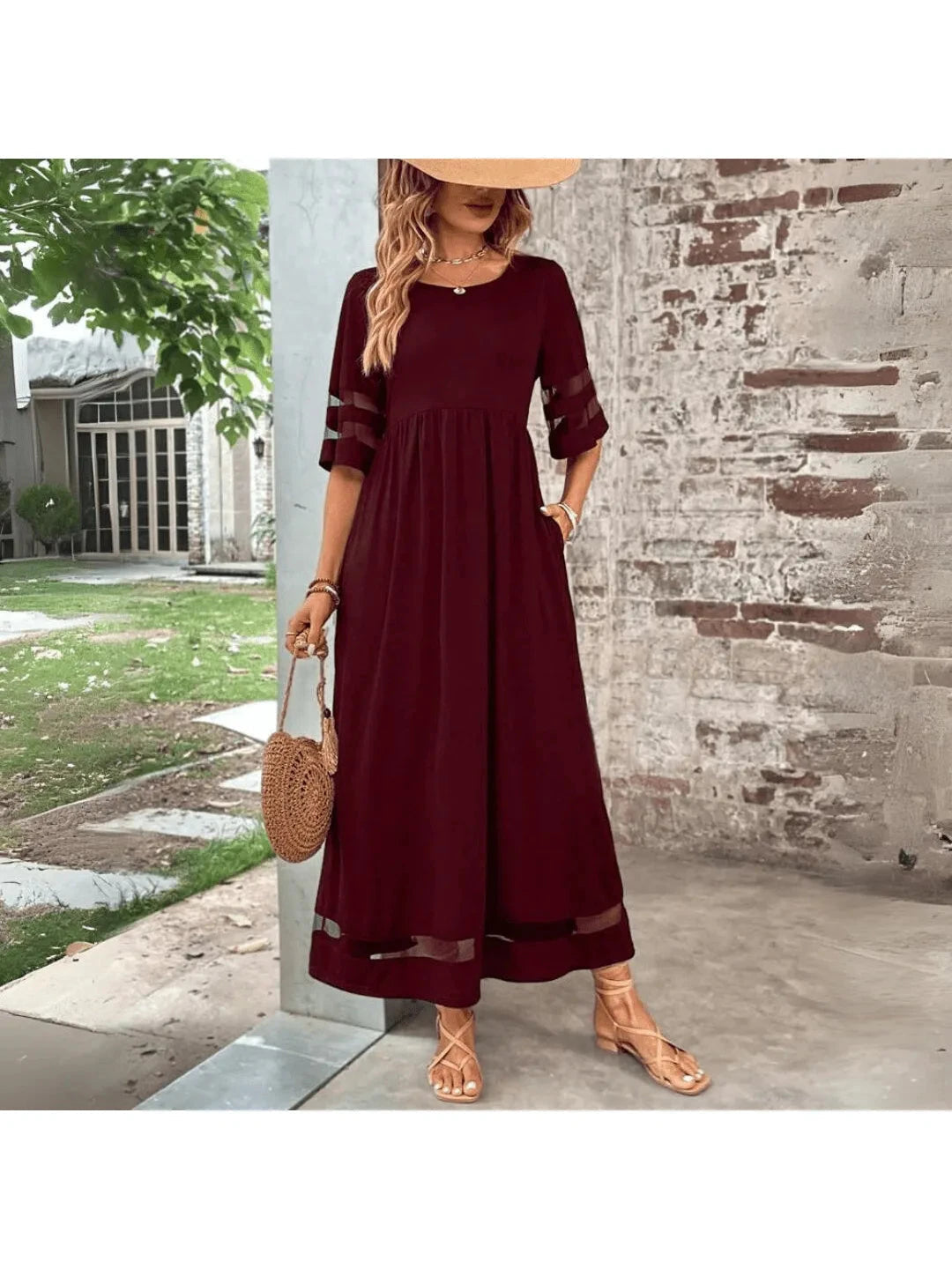 Women's Maxi Dress | Empire Waist & Mesh Panel Relaxed Everyday Style