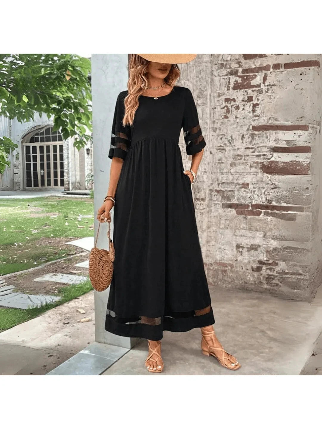 Women's Maxi Dress | Empire Waist & Mesh Panel Relaxed Everyday Style