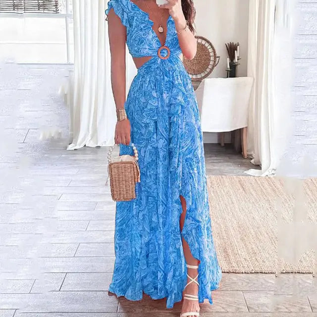 Women's Maxi Dress | Floral Ruffle Sleeve Design