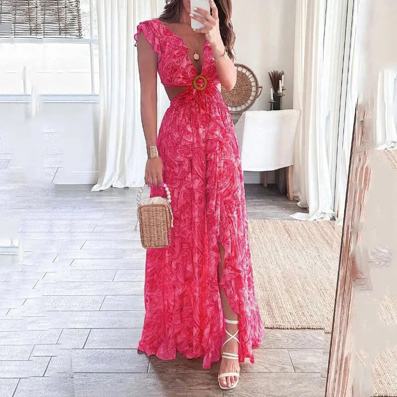 Women's Maxi Dress | Floral Ruffle Sleeve Design