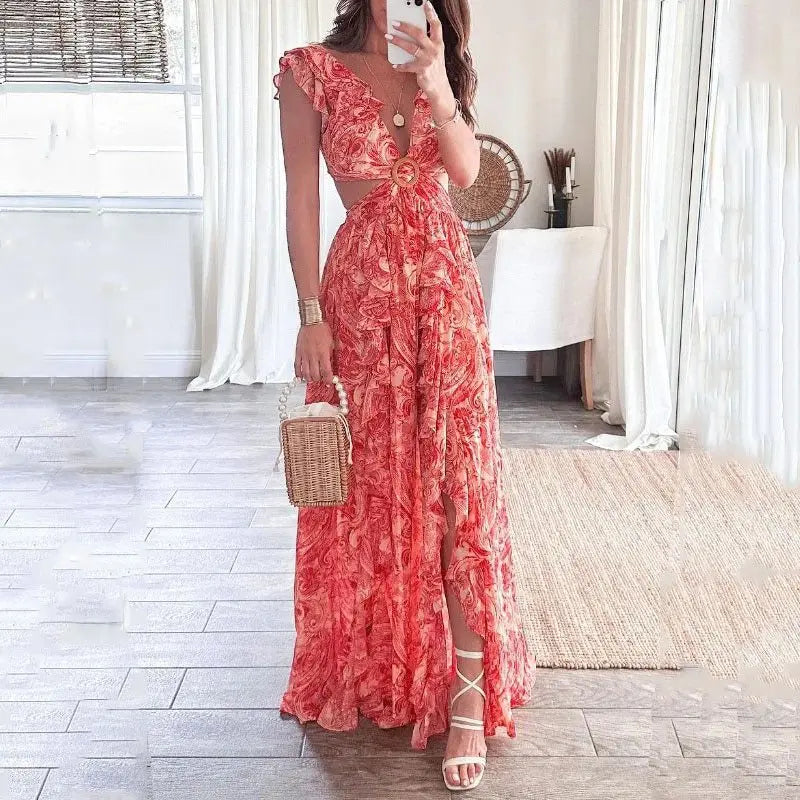 Women's Maxi Dress | Floral Ruffle Sleeve Design