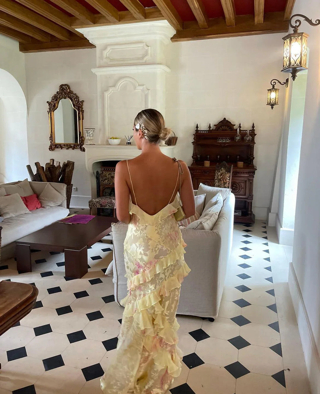 Women's Maxi Dress | Open-Back Ruffle Design