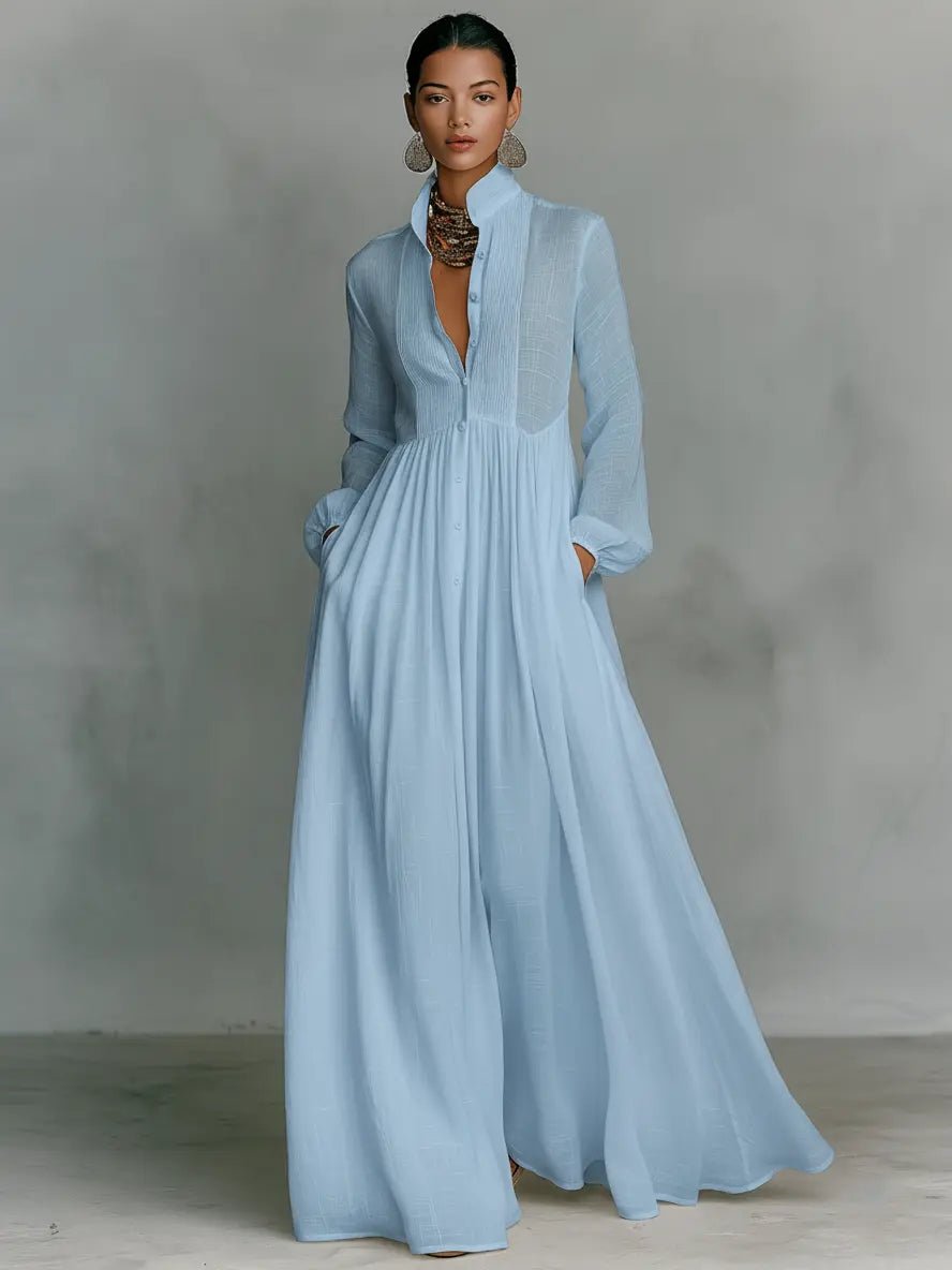 Women's Maxi Dress | Stand Collar Button Front & Flowing Silhouette