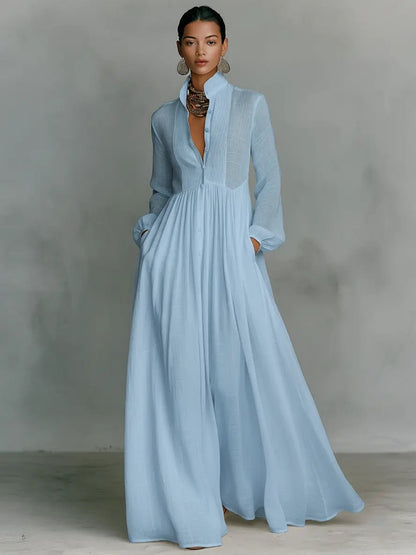 Women's Maxi Dress | Stand Collar Button Front & Flowing Silhouette