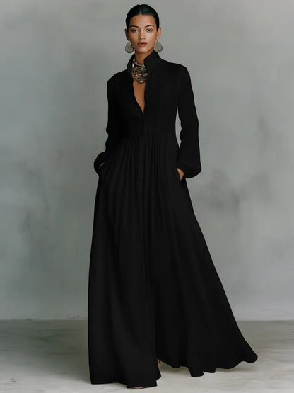 Women's Maxi Dress | Stand Collar Button Front & Flowing Silhouette