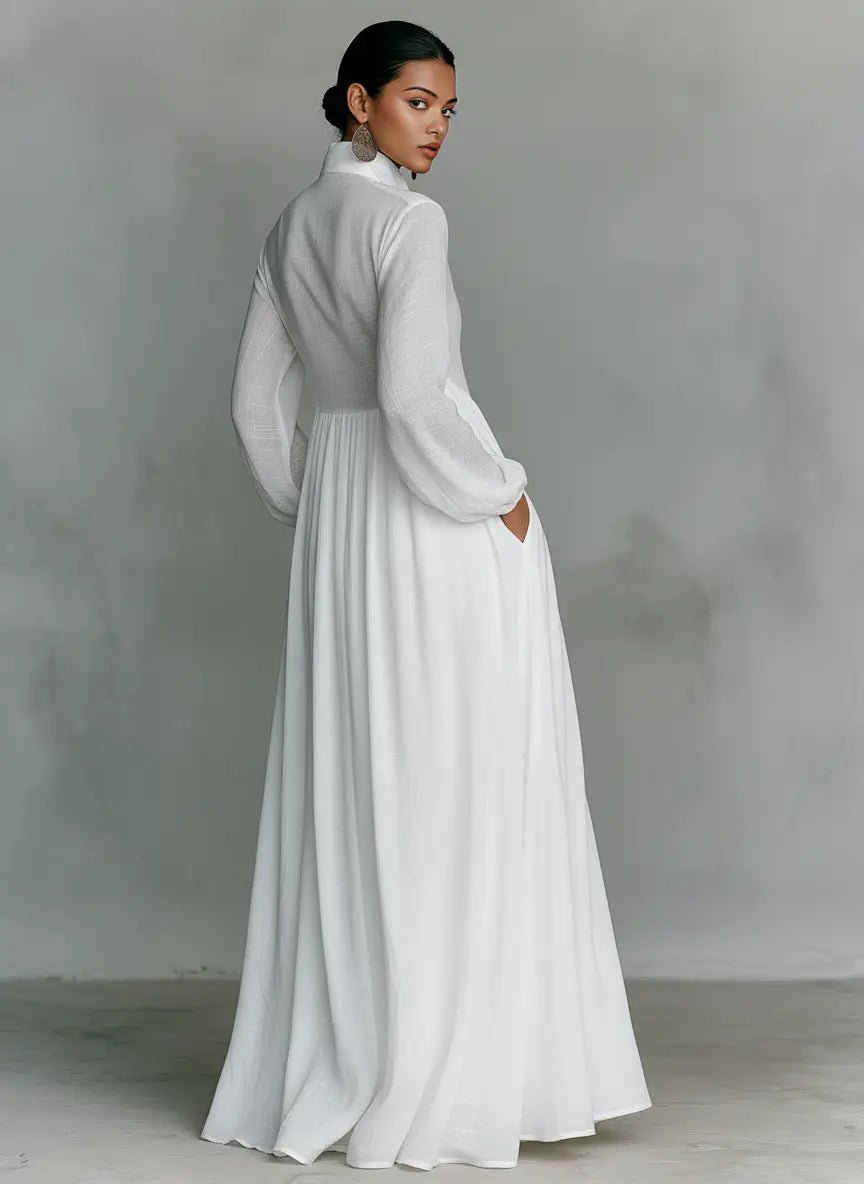 Women's Maxi Dress | Stand Collar Button Front & Flowing Silhouette
