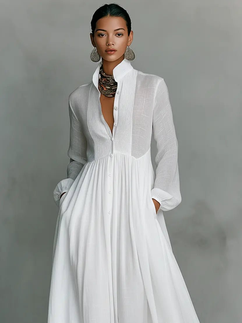 Women's Maxi Dress | Stand Collar Button Front & Flowing Silhouette