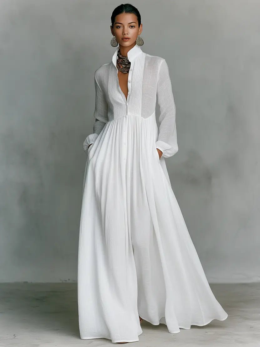Women's Maxi Dress | Stand Collar Button Front & Flowing Silhouette
