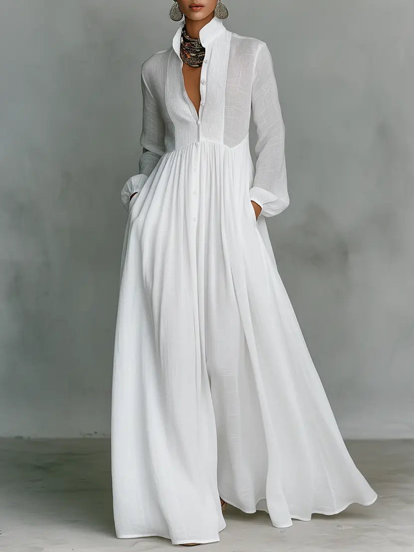 Women's Maxi Dress | Stand Collar Button Front & Flowing Silhouette