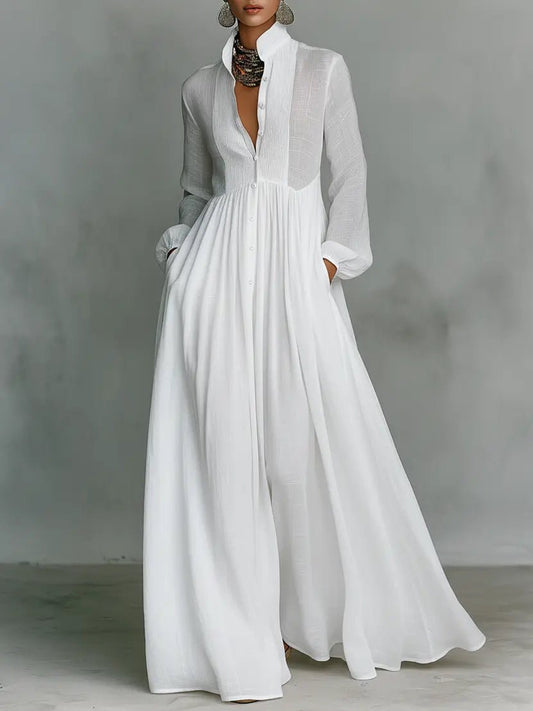 Women's Maxi Dress | Stand Collar Button Front & Flowing Silhouette