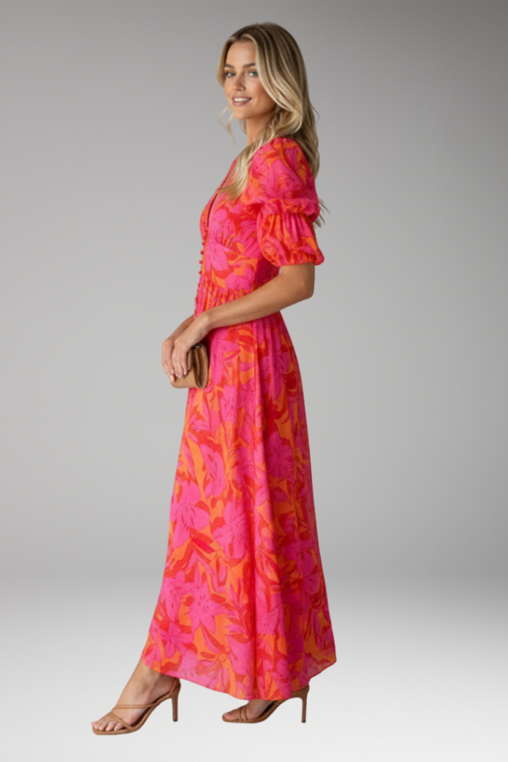Women's Maxi Dress | V-Neck Puff Sleeves & Floral Print Summer Style