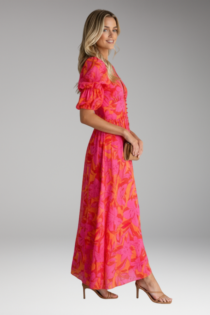 Women's Maxi Dress | V-Neck Puff Sleeves & Floral Print Summer Style