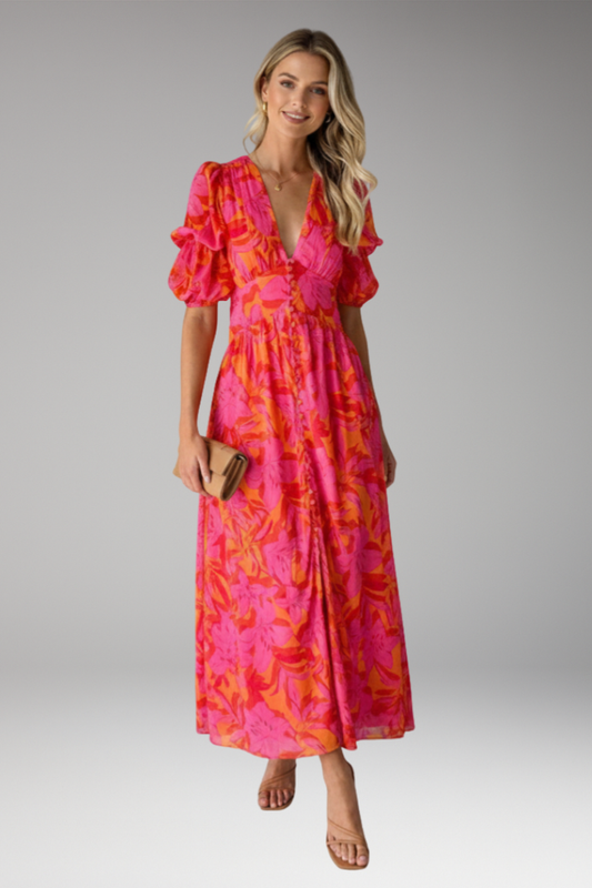 Women's Maxi Dress | V-Neck Puff Sleeves & Floral Print Summer Style