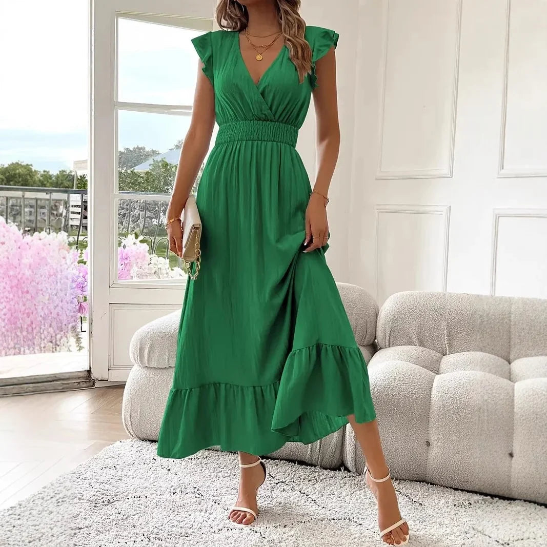 Women's Maxi Dress | V Neck Ruffle Trim