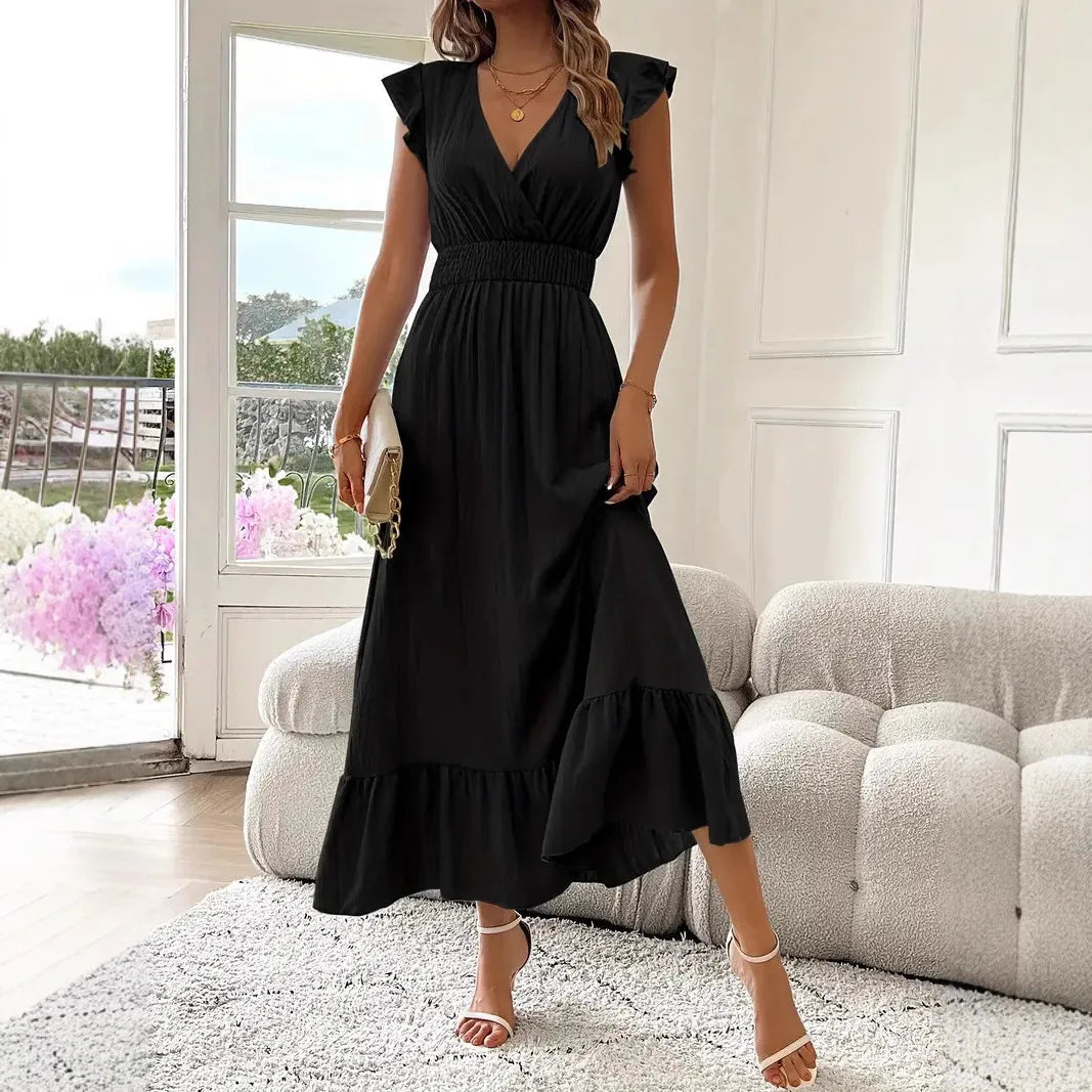Women's Maxi Dress | V Neck Ruffle Trim