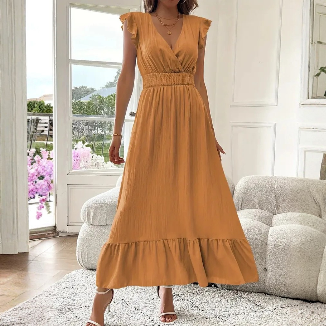 Women's Maxi Dress | V Neck Ruffle Trim