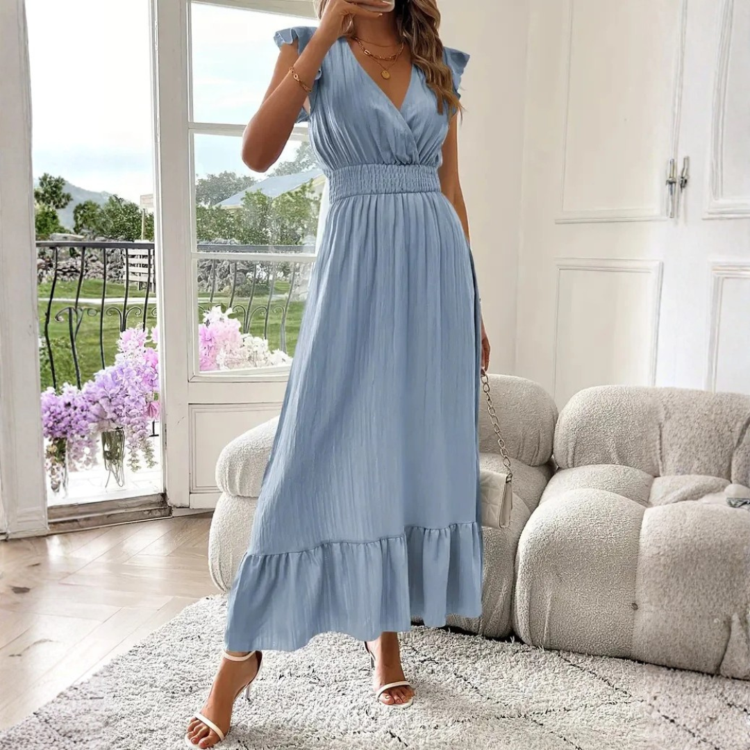 Women's Maxi Dress | V Neck Ruffle Trim