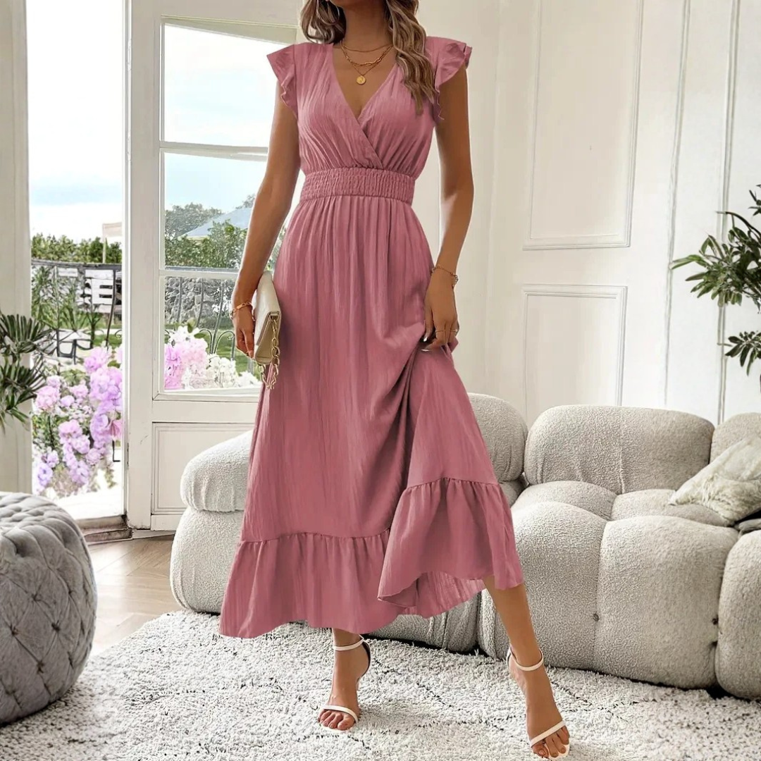 Women's Maxi Dress | V Neck Ruffle Trim