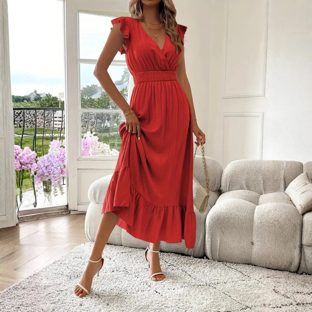 Women's Maxi Dress | V Neck Ruffle Trim