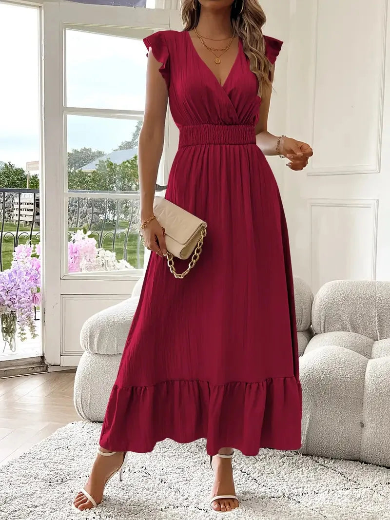 Women's Maxi Dress | V Neck Ruffle Trim