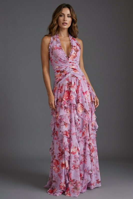 Women's Maxi Wedding Guest Dress | Floral Halterneck & Ruffle Skirt