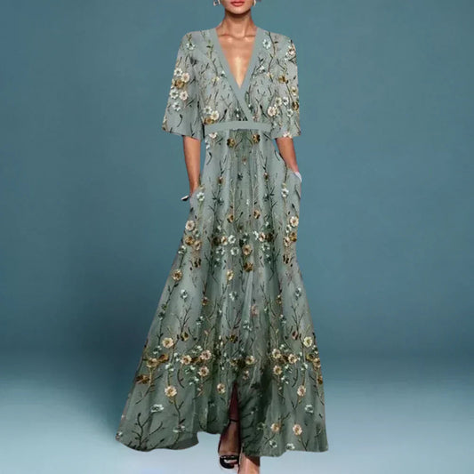 Women's Maxi Wrap Dress | Floral Embroidery & V-Neck