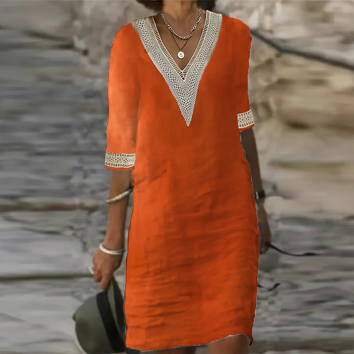 Women's Midi Dress | Crochet V-Neck Trim