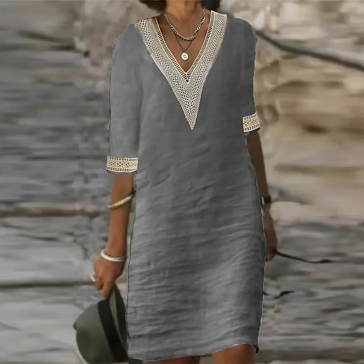Women's Midi Dress | Crochet V-Neck Trim