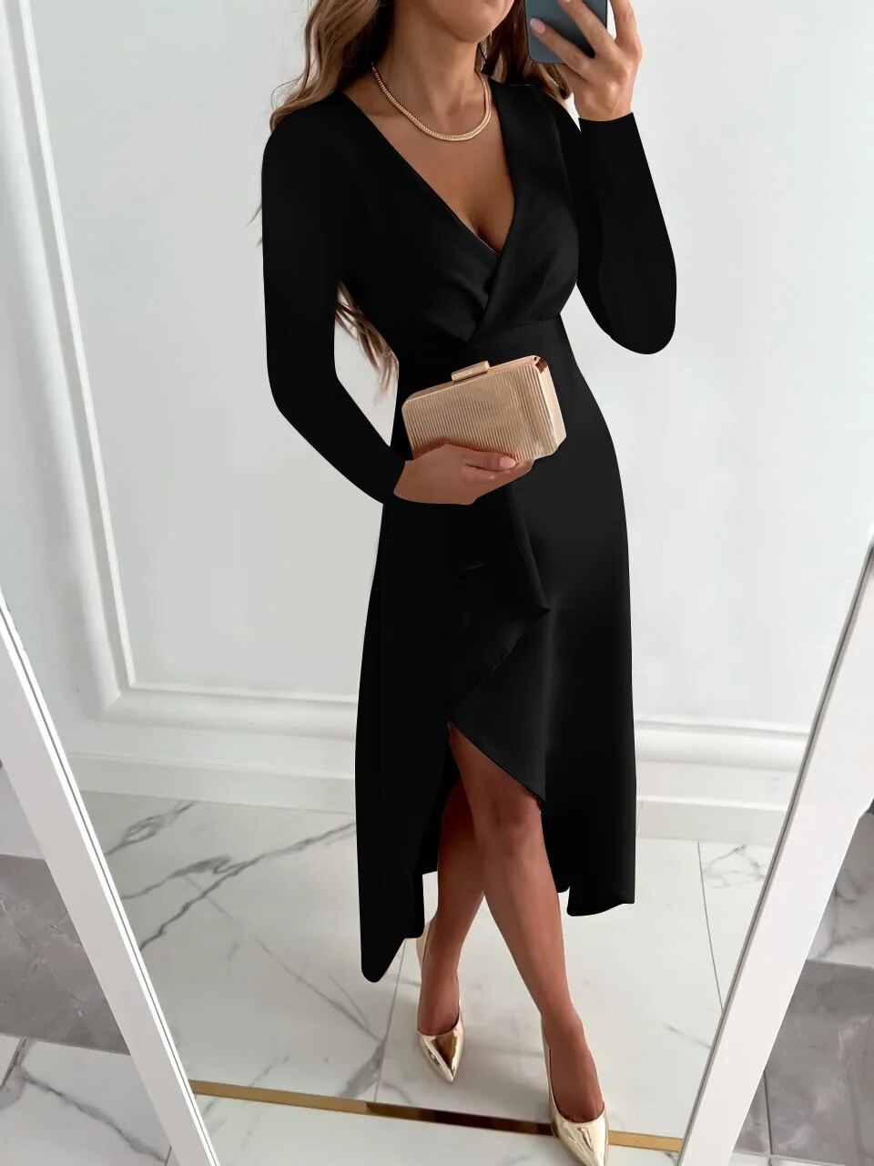 Women's Midi Dress | Deep V-Neck Wrap & Ruffle Slit Skirt