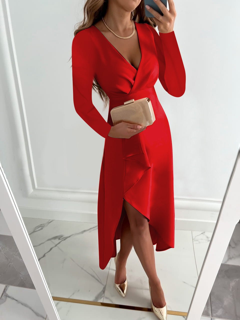 Women's Midi Dress | Deep V-Neck Wrap & Ruffle Slit Skirt