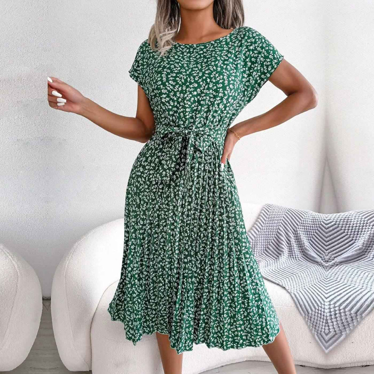 Women's Midi Dress | Pleated Belted Floral Print