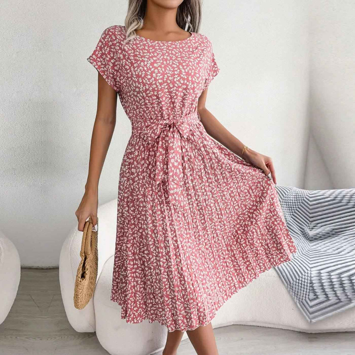 Women's Midi Dress | Pleated Belted Floral Print
