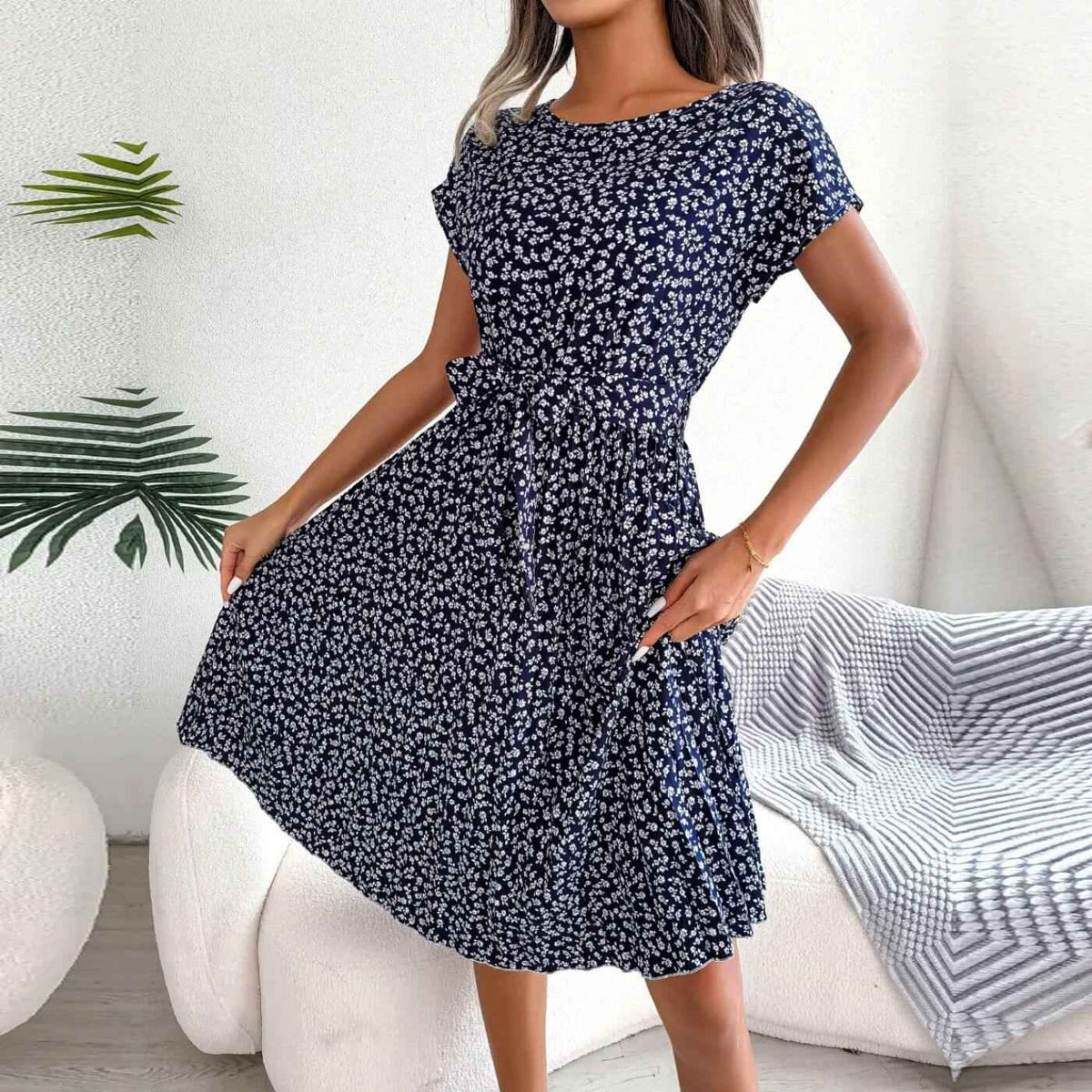 Women's Midi Dress | Pleated Belted Floral Print