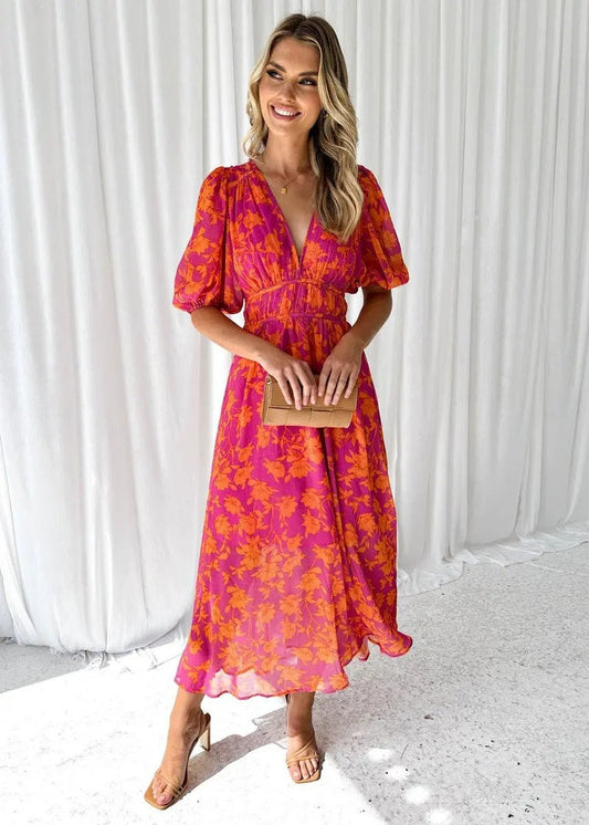 Women's Midi Dress | V-Neck & Puff Sleeve