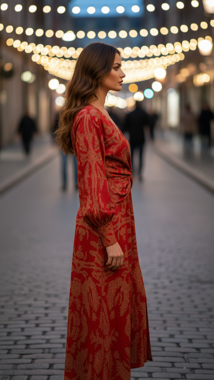 Women's Midi Dress | V-Neck Twist Waist & Bold Print Evening Style