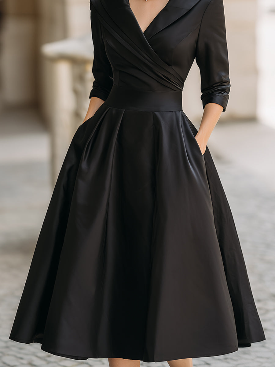 Women's Midi Dress | Vintage A-Line & Shawl Collar Elegant Evening Style