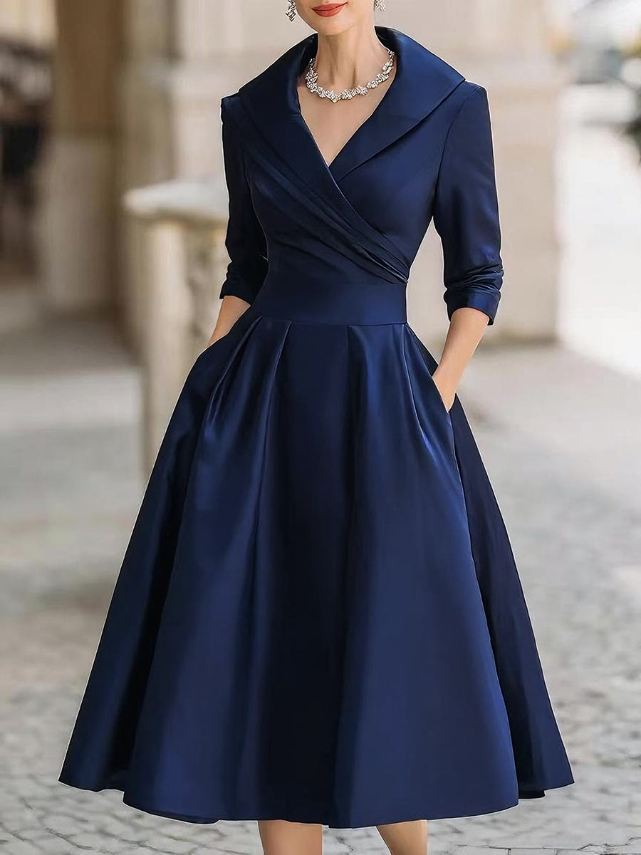 Women's Midi Dress | Vintage A-Line & Shawl Collar Elegant Evening Style