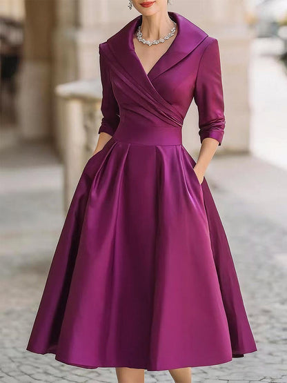 Women's Midi Dress | Vintage A-Line & Shawl Collar Elegant Evening Style