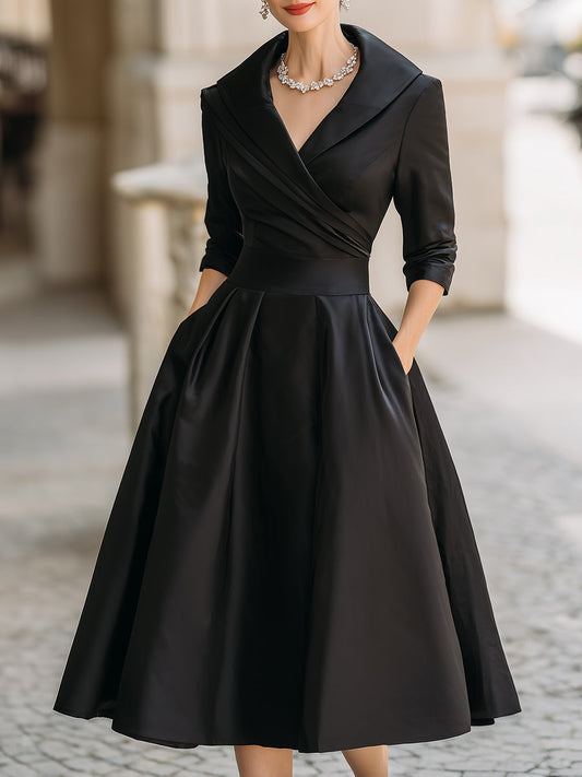Women's Midi Dress | Vintage A-Line & Shawl Collar Elegant Evening Style