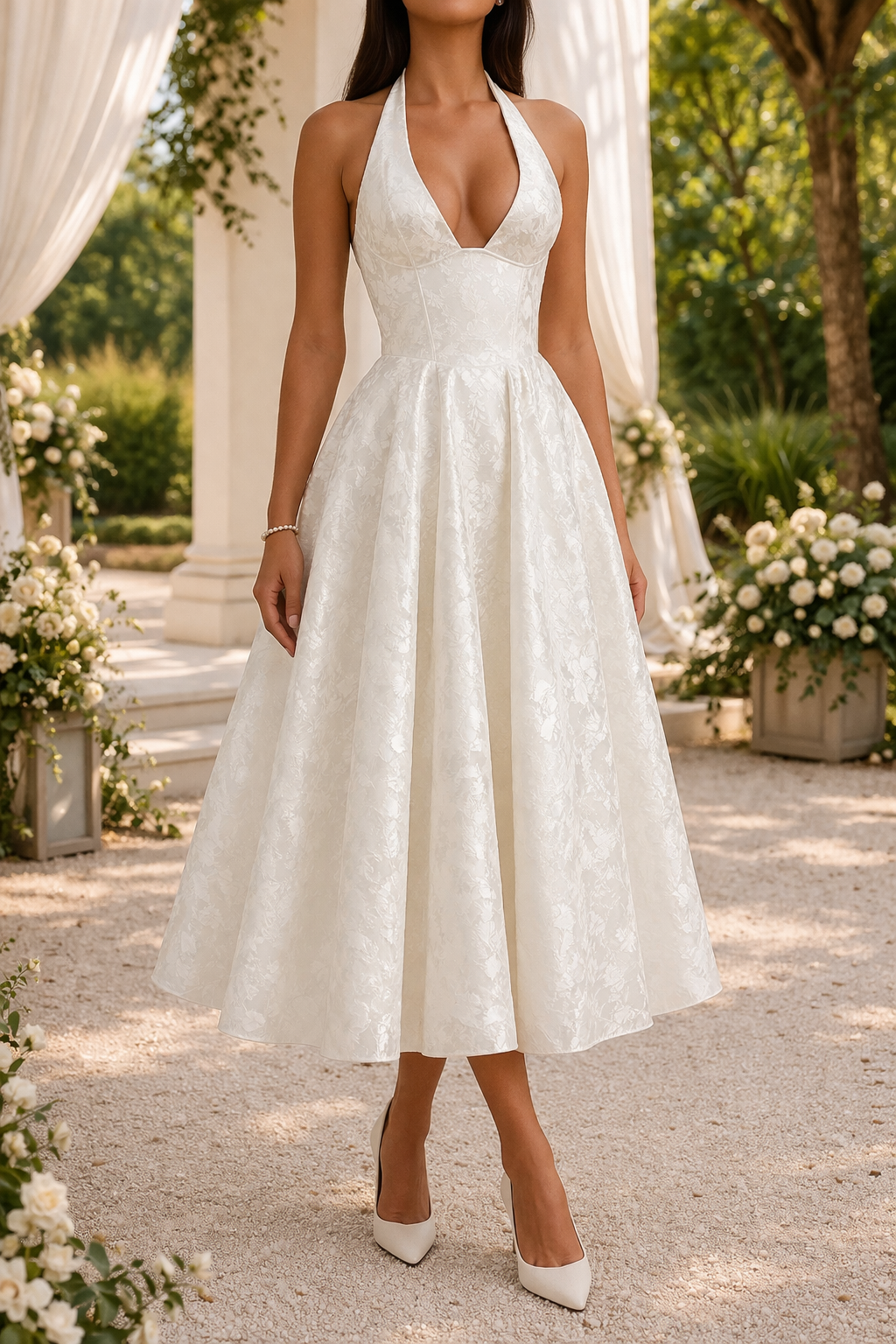 Women's Midi Wedding Guest Dress | Halter Neck Fitted Waist