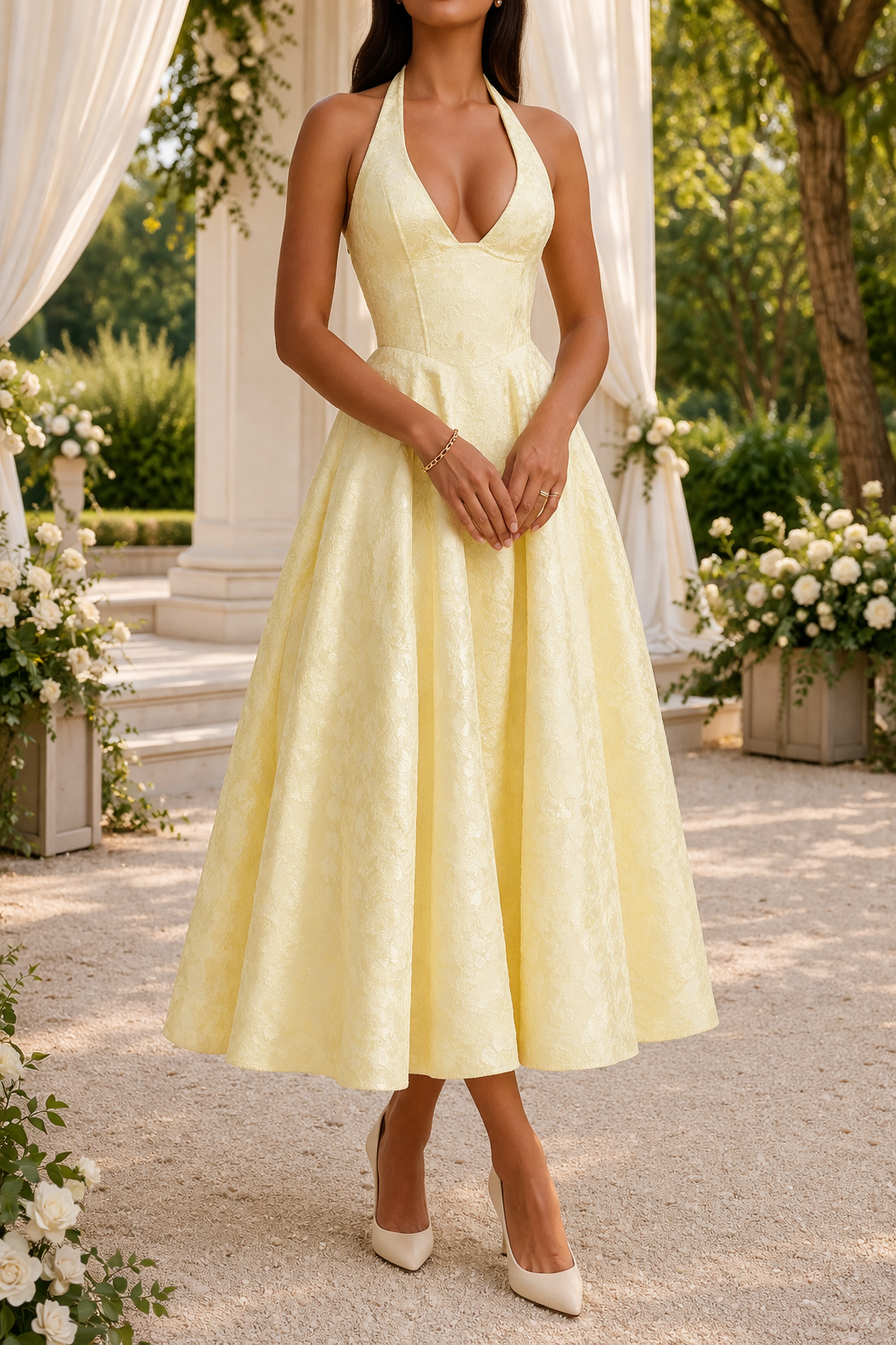 Women's Midi Wedding Guest Dress | Halter Neck Fitted Waist