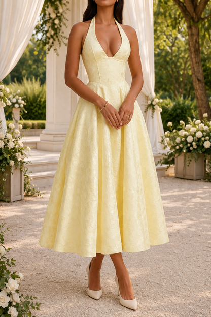Women's Midi Wedding Guest Dress | Halter Neck Fitted Waist