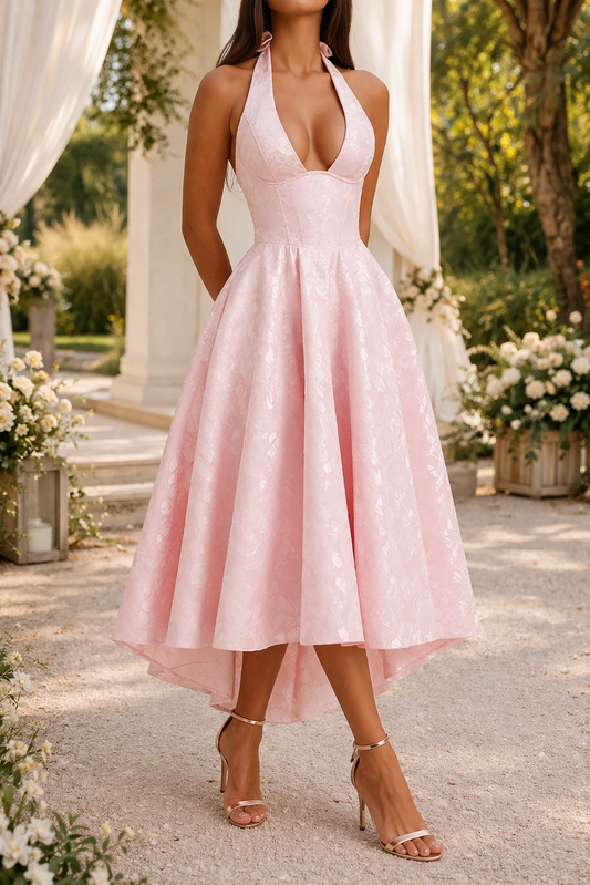 Women's Midi Wedding Guest Dress | Halter Neck Fitted Waist