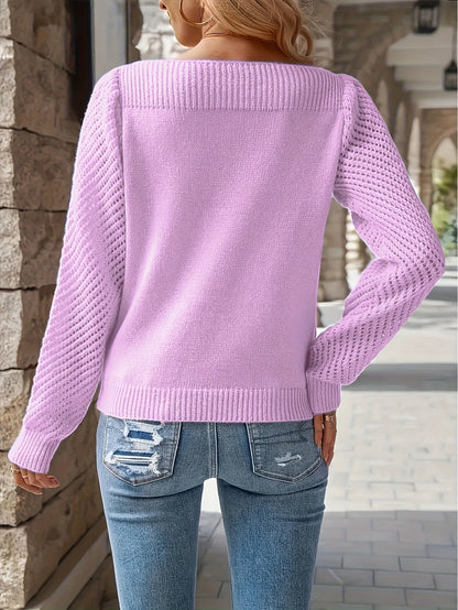 Women's Openwork Sleeve Jumper Crew Neck Knit Jumper