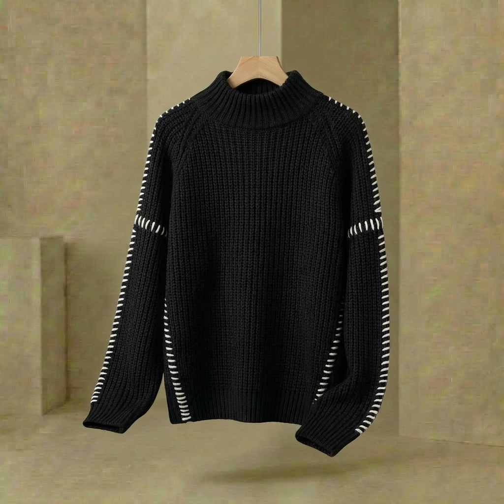 Women's Oversized Patchwork Knit Jumper Mock Neck Flared Sleeve