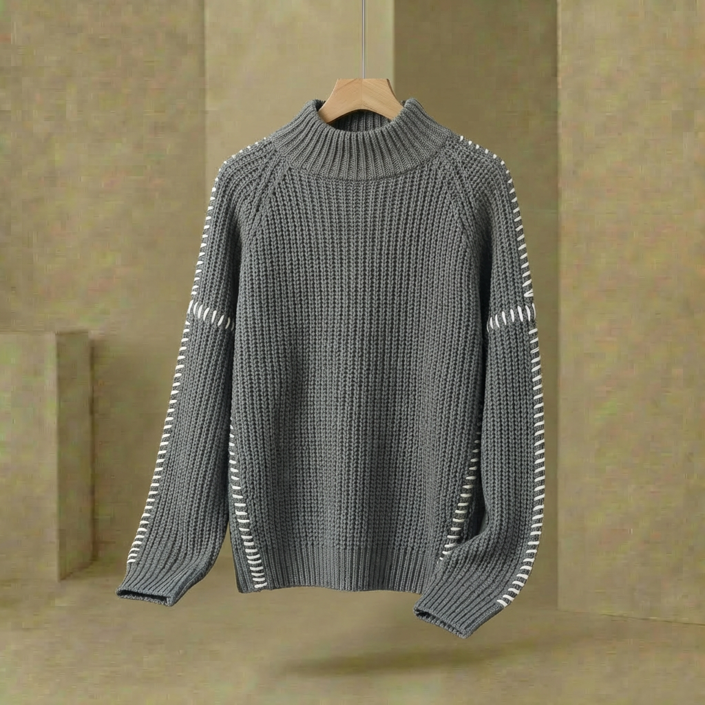 Women's Oversized Patchwork Knit Jumper Mock Neck Flared Sleeve