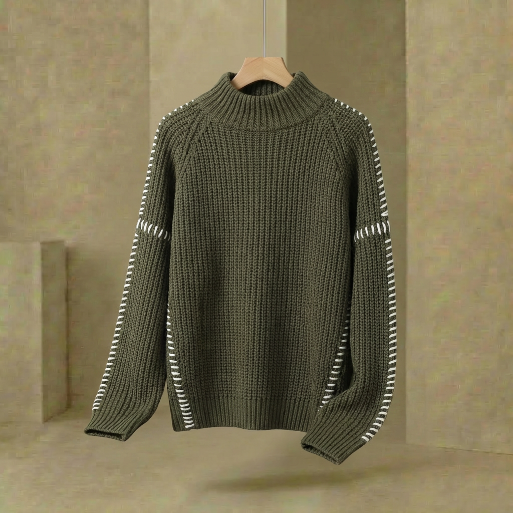 Women's Oversized Patchwork Knit Jumper Mock Neck Flared Sleeve