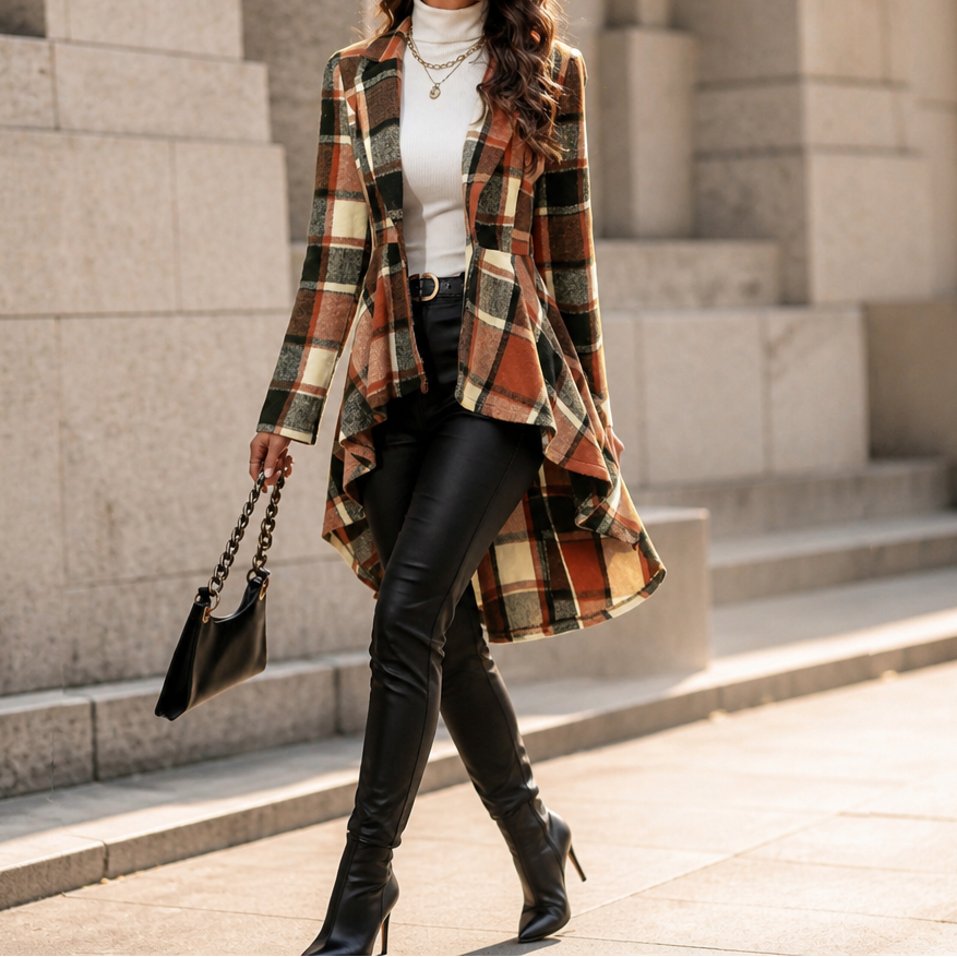 Women's Plaid Peplum Coat | Cinched Waist & Flared Hem